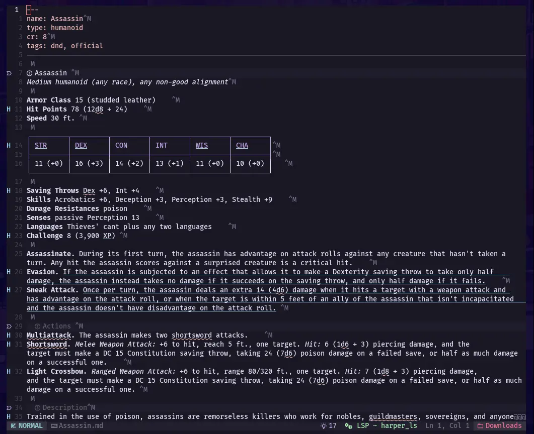 An example of one of the monster stat blocks in question. Almost each lines ends with ^M.