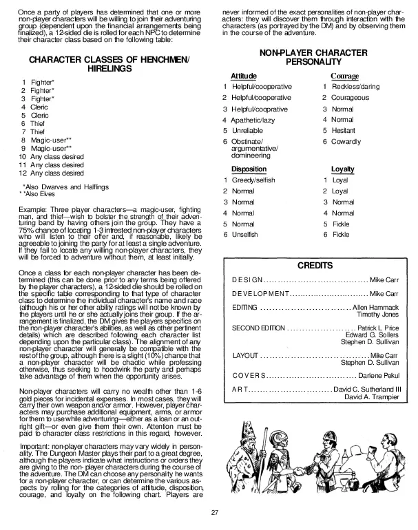 Page 27 of *In Search of the Unknown*. The page has two headings: one for 'Character Classes of Henchmen/Hirelings' and 'Non-Player Character Personality'