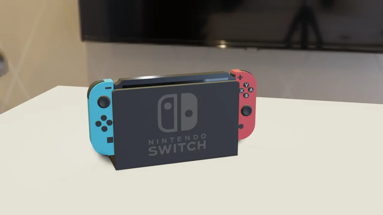 A Nintendo Switch console with blue and red Joy-Con controllers docked, sitting on a white surface in front of a television.