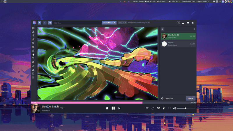 Showing off Nuclear’s music visualizer. A rainbow of colors flood the program’s display area going along to the song.
